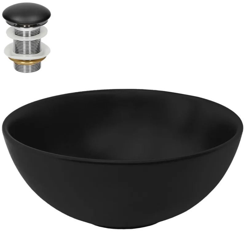 Waschbecken inkl. Ablaufgarnitur ohne Überlauf Ø 32x13,5 cm Schwarz matt aus Keramik ML-Design-ECD Germany