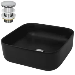 Waschbecken inkl. Ablaufgarnitur Silber ohne Überlauf 39,5x39,5x14 cm Schwarz aus Keramik ML-Design-ECD Germany Clearance