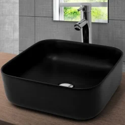 Waschbecken inkl. Ablaufgarnitur Silber ohne Überlauf 39,5x39,5x14 cm Schwarz aus Keramik ML-Design-ECD Germany Clearance