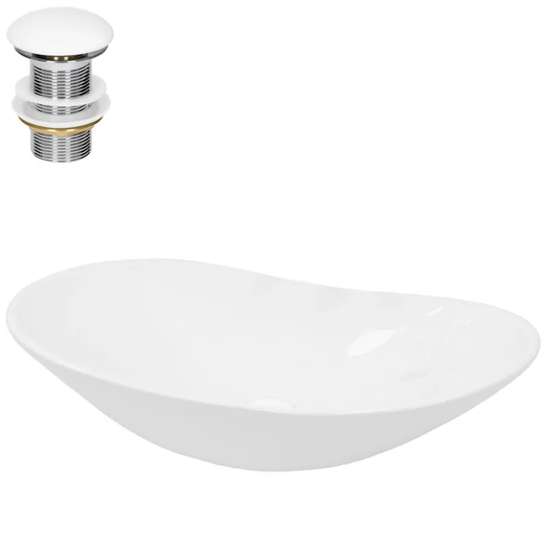 Waschbecken inkl. Ablaufgarnitur Weiß ohne Überlauf 64x36,5x13 cm Weiß aus Keramik-ECD Germany