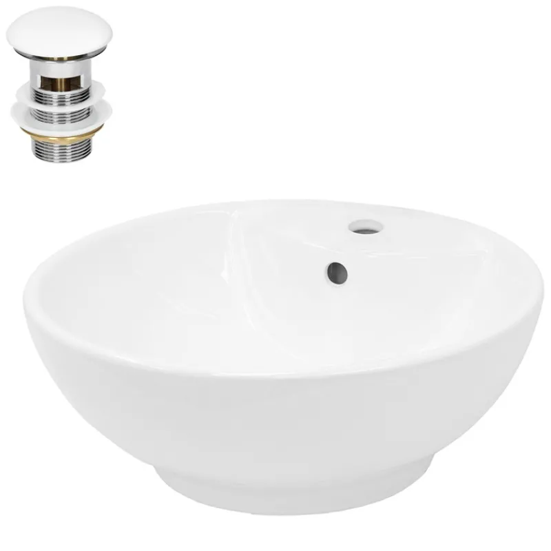 Waschbecken inkl. Ablaufgarnitur Weiß mit Überlauf Ø 45,5x18,5 cm Weiß aus Keramik-ECD Germany