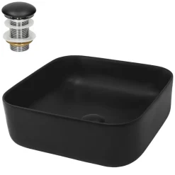 Waschbecken inkl. Ablaufgarnitur Schwarz ohne Überlauf 39,5x39,5x14 cm Schwarz aus Keramik ML-Design-ECD Germany Clearance