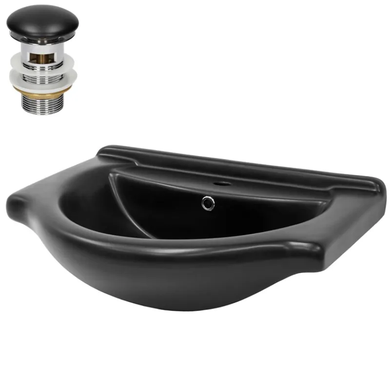 Waschbecken inkl. Ablaufgarnitur Schwarz mit Überlauf 67,5x51,5x21,5 cm Schwarz matt aus Keramik ML-Design-ECD Germany Online