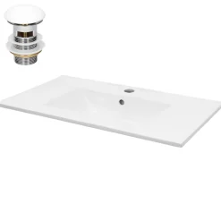 Waschbecken inkl. Ablaufgarnitur Weiß mit Überlauf 81x46,5x17,5 cm Weiß aus Keramik-ECD Germany Online