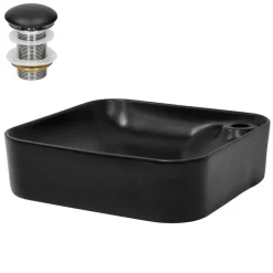 Waschbecken inkl. Ablaufgarnitur Schwarz ohne Überlauf 43x43x12 cm Schwarz aus Keramik ML-Design-ECD Germany Best