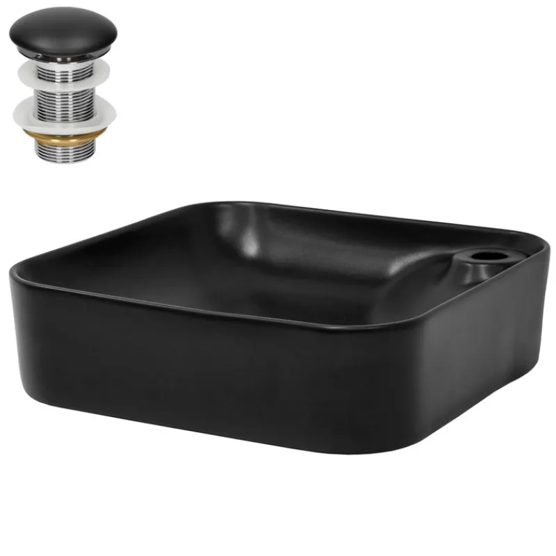 Waschbecken inkl. Ablaufgarnitur Schwarz ohne Überlauf 43x43x12 cm Schwarz aus Keramik ML-Design-ECD Germany Best