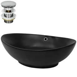 Waschbecken inkl. Ablaufgarnitur Silber mit Überlauf 59x38x19 cm Schwarz aus Keramik ML-Design-ECD Germany Discount