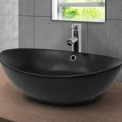 Waschbecken inkl. Ablaufgarnitur Silber mit Überlauf 59x38x19 cm Schwarz aus Keramik ML-Design-ECD Germany Discount