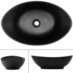 Waschbecken inkl. Ablaufgarnitur Silber mit Überlauf 59x38x19 cm Schwarz aus Keramik ML-Design-ECD Germany Discount