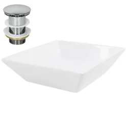 Waschbecken inkl. Ablaufgarnitur Silber ohne Überlauf 41x41x12 cm Weiß aus Keramik ML-Design-ECD Germany Discount