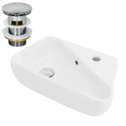 Waschbecken inkl. Ablaufgarnitur Silber mit Überlauf 45x27x13 cm Weiß aus Keramik Rechtsbündig ML-Design-ECD Germany Online