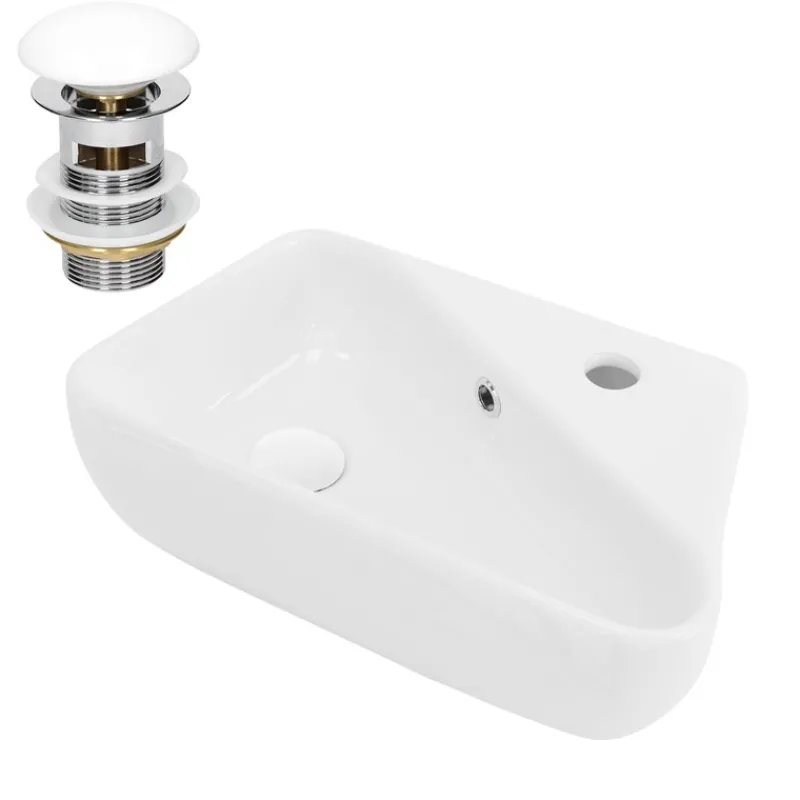Waschbecken inkl. Ablaufgarnitur Weiß mit Überlauf 45x27x13 cm Weiß aus Keramik Rechtsbündig ML-Design-ECD Germany New