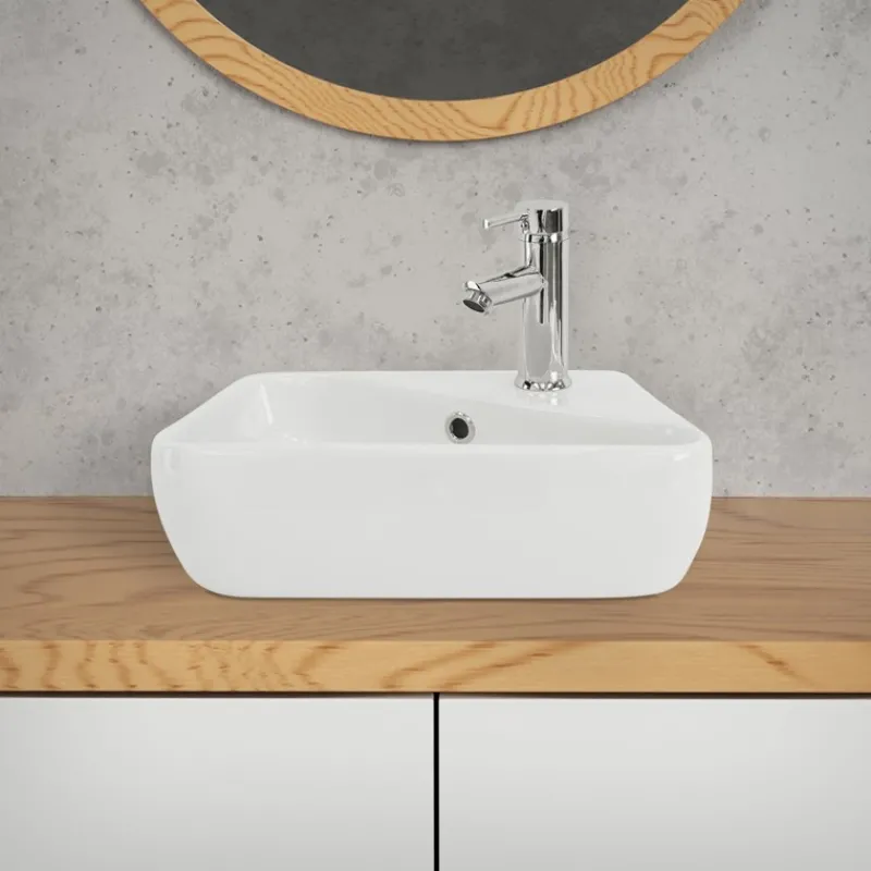 Waschbecken inkl. Ablaufgarnitur Weiß mit Überlauf 45x27x13 cm Weiß aus Keramik Rechtsbündig ML-Design-ECD Germany New