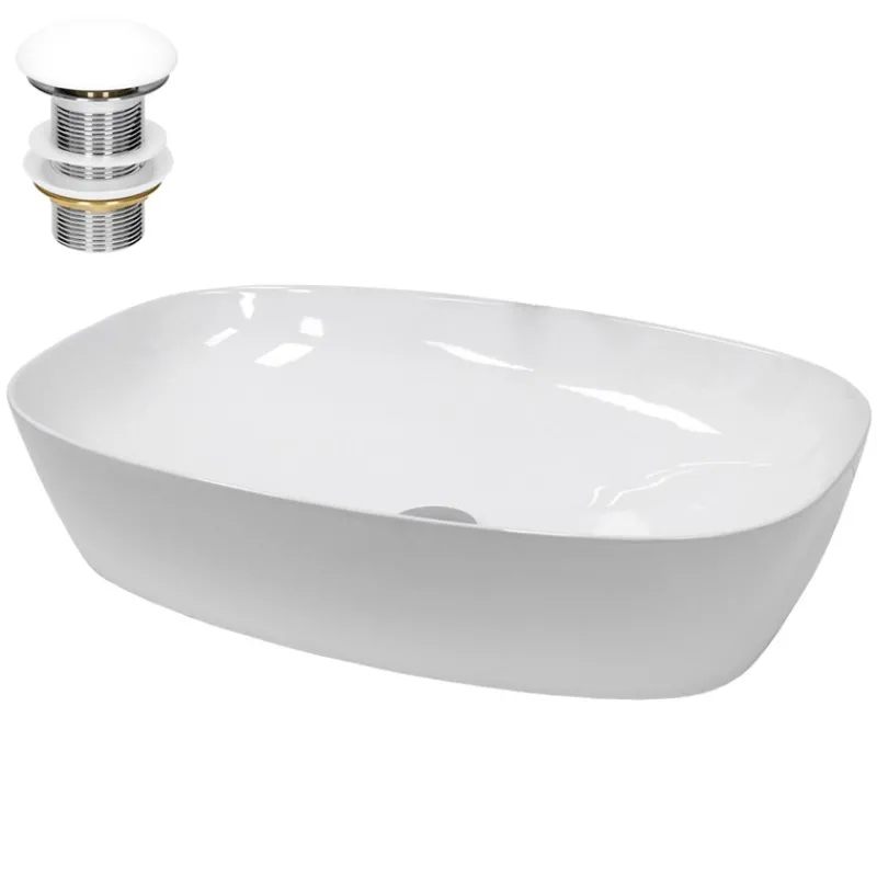 Waschbecken inkl. Ablaufgarnitur Weiß ohne Überlauf 60,5x38x14 cm Weiß aus Keramik-ECD Germany Outlet