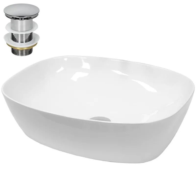 Waschbecken inkl. Ablaufgarnitur ohne Überlauf 50,5x38,5x13,5 cm Weiß aus Keramik LuxeBath-ECD Germany Outlet