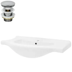 Waschbecken inkl. Ablaufgarnitur Silber mit Überlauf 86x51,5x21,5 cm Weiß aus Keramik ML-Design-ECD Germany Online