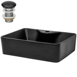 Waschbecken inkl. Ablaufgarnitur ohne Überlauf 49x36,5x14 cm Schwarz aus Keramik ML-Design-ECD Germany Outlet