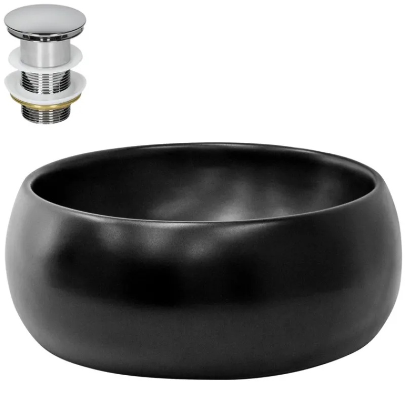 Waschbecken inkl. Ablaufgarnitur ohne Überlauf Ø 40x15,5 cm Schwarz aus Keramik ML-Design-ECD Germany Best