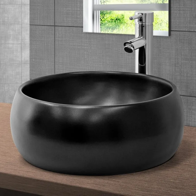 Waschbecken inkl. Ablaufgarnitur ohne Überlauf Ø 40x15,5 cm Schwarz aus Keramik ML-Design-ECD Germany Best
