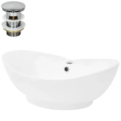 Waschbecken inkl. Ablaufgarnitur Silber mit Überlauf 59x39,5x20,5 cm Weiß aus Keramik ML-Design-ECD Germany Outlet