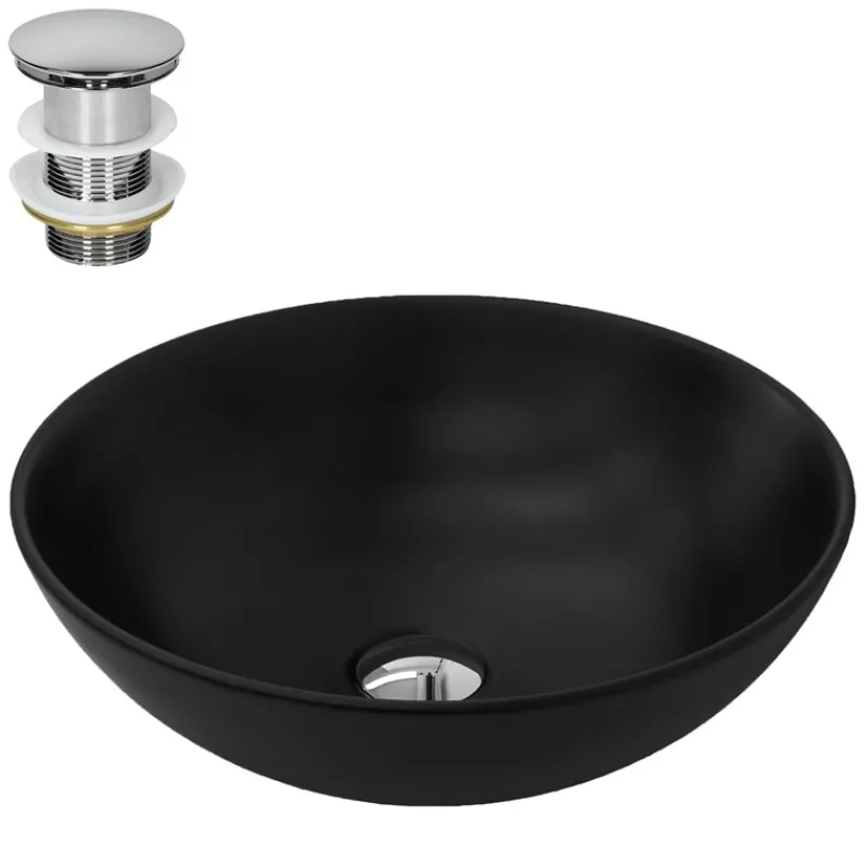 Waschbecken inkl. Ablaufgarnitur Silber ohne Überlauf Ø 40x14,5 cm Schwarz aus Keramik ML-Design-ECD Germany Discount