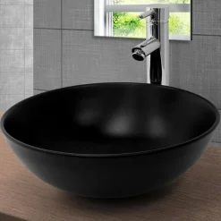 Waschbecken inkl. Ablaufgarnitur Silber ohne Überlauf Ø 40x14,5 cm Schwarz aus Keramik ML-Design-ECD Germany Discount