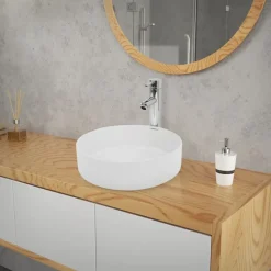 Waschbecken inkl. Ablaufgarnitur Weiß ohne Überlauf Ø 35,5x12 cm Weiß aus Keramik-ECD Germany Online