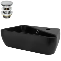 Waschbecken inkl. Ablaufgarnitur Silber mit Überlauf 45x27x13 cm Schwarz aus Keramik ML-Design-ECD Germany Hot