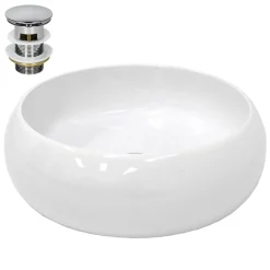 Waschbecken inkl. Ablaufgarnitur Silber ohne Überlauf Ø 35x12 cm Weiß aus Keramik-ECD Germany Discount