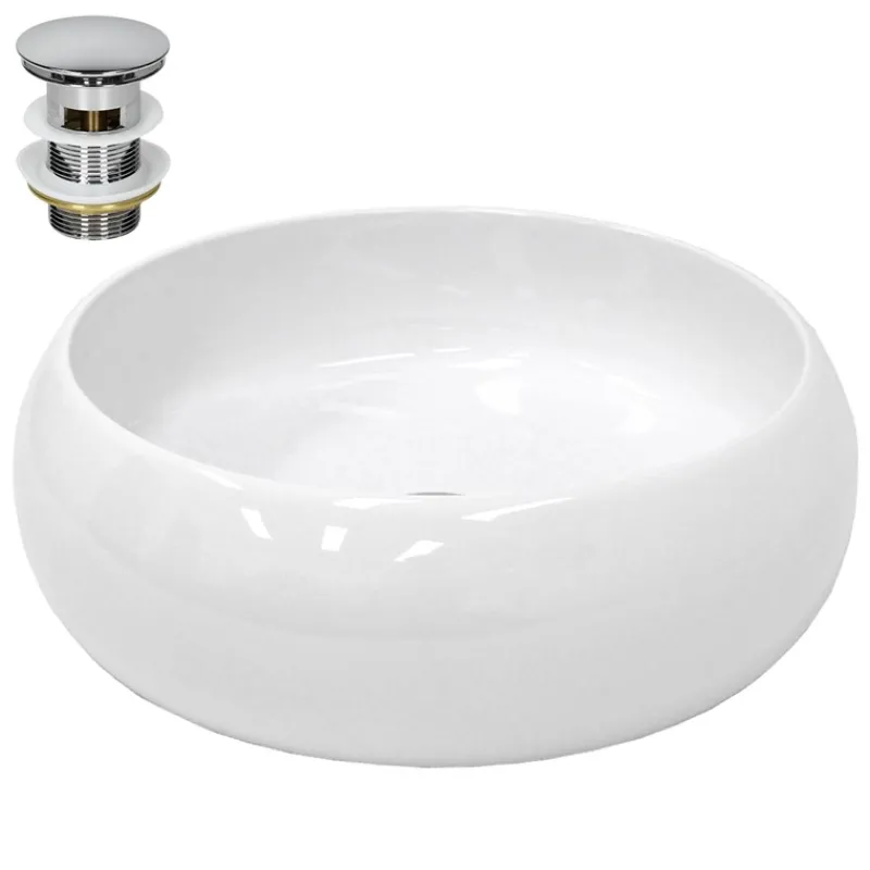 Waschbecken inkl. Ablaufgarnitur Silber ohne Überlauf Ø 35x12 cm Weiß aus Keramik-ECD Germany Discount