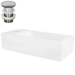 Waschbecken inkl. Ablaufgarnitur Silber ohne Überlauf 51x25x13 cm Weiß aus Keramik Linksbündig ML-Design-ECD Germany