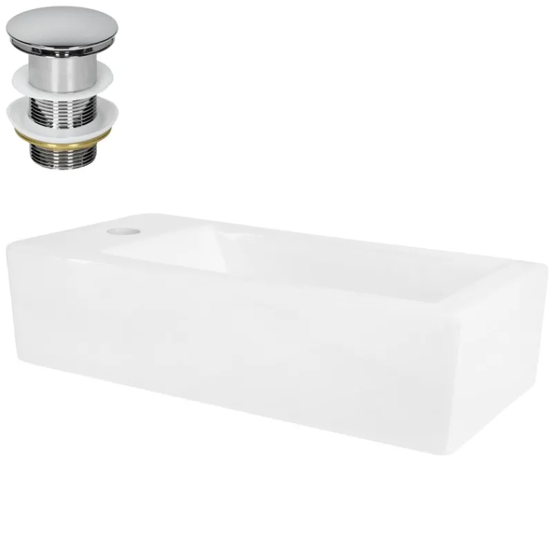 Waschbecken inkl. Ablaufgarnitur Silber ohne Überlauf 51x25x13 cm Weiß aus Keramik Linksbündig ML-Design-ECD Germany
