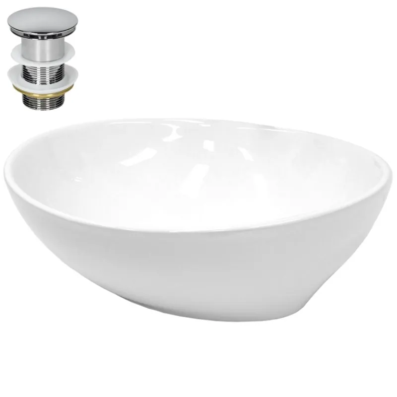 Waschbecken inkl. Ablaufgarnitur Silber ohne Überlauf 41x33x14,2 cm Weiß aus Keramik-ECD Germany Sale