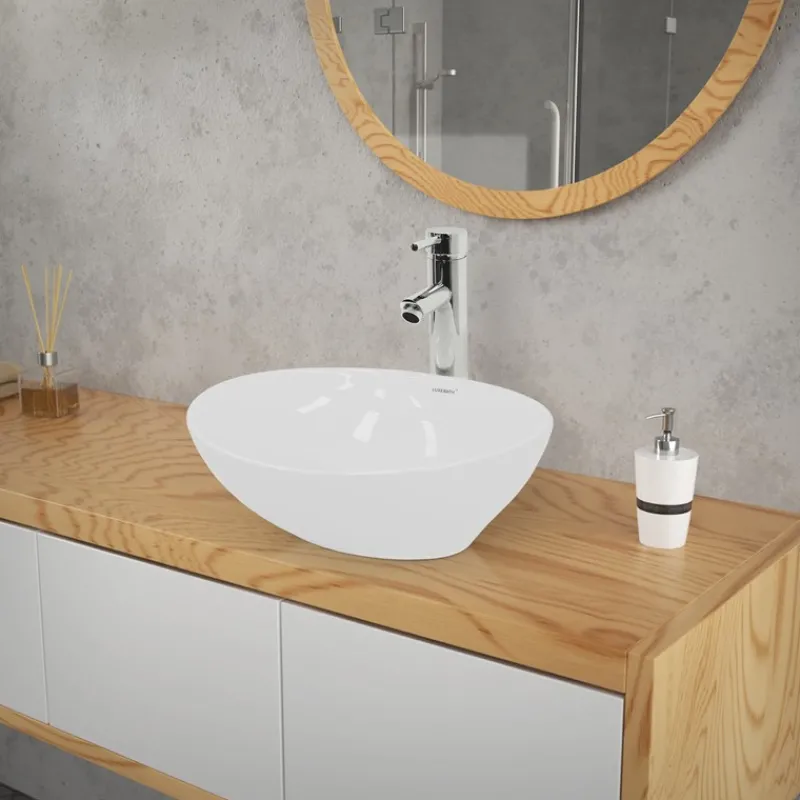 Waschbecken inkl. Ablaufgarnitur Silber ohne Überlauf 41x33x14,2 cm Weiß aus Keramik-ECD Germany Sale