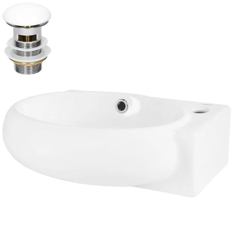 Waschbecken inkl. Ablaufgarnitur Weiß mit Überlauf 43x28x15 cm Weiß aus Keramik Hahnloch rechts ML-Design-ECD Germany Online