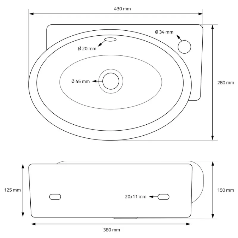 Waschbecken inkl. Ablaufgarnitur Weiß mit Überlauf 43x28x15 cm Weiß aus Keramik Hahnloch rechts ML-Design-ECD Germany Online