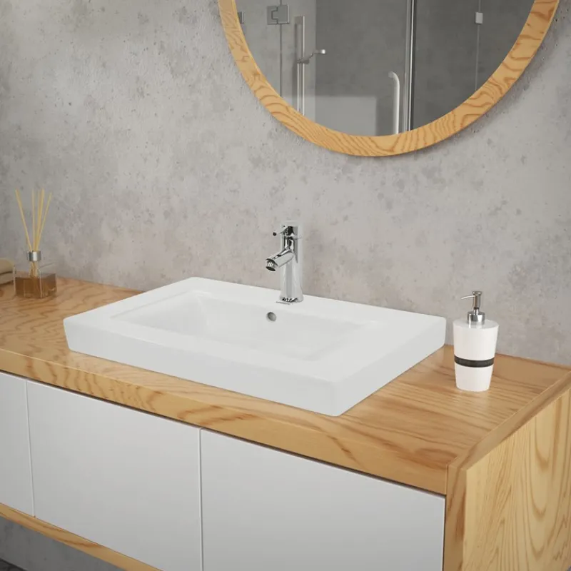 Waschbecken inkl. Ablaufgarnitur Weiß mit Überlauf 60,5x46,5x16 cm Weiß aus Keramik-ECD Germany