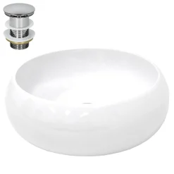 Waschbecken inkl. Ablaufgarnitur Silber ohne Überlauf Ø 40x35 cm Weiß aus Keramik-ECD Germany New