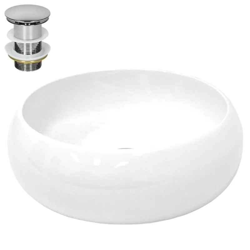 Waschbecken inkl. Ablaufgarnitur Silber ohne Überlauf Ø 40x35 cm Weiß aus Keramik-ECD Germany New