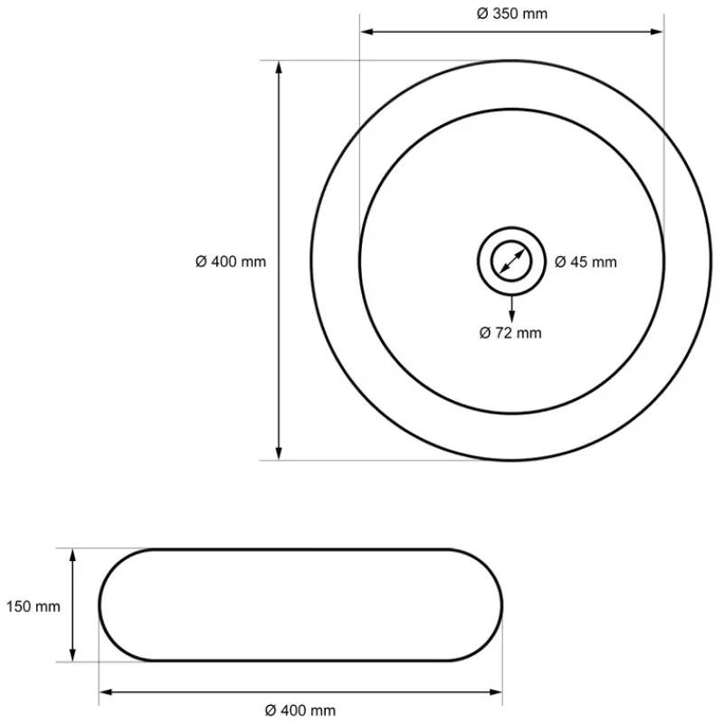 Waschbecken inkl. Ablaufgarnitur Silber ohne Überlauf Ø 40x35 cm Weiß aus Keramik-ECD Germany New