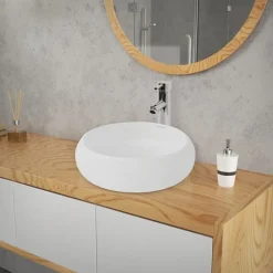 Waschbecken inkl. Ablaufgarnitur Silber ohne Überlauf Ø 40x35 cm Weiß aus Keramik-ECD Germany New