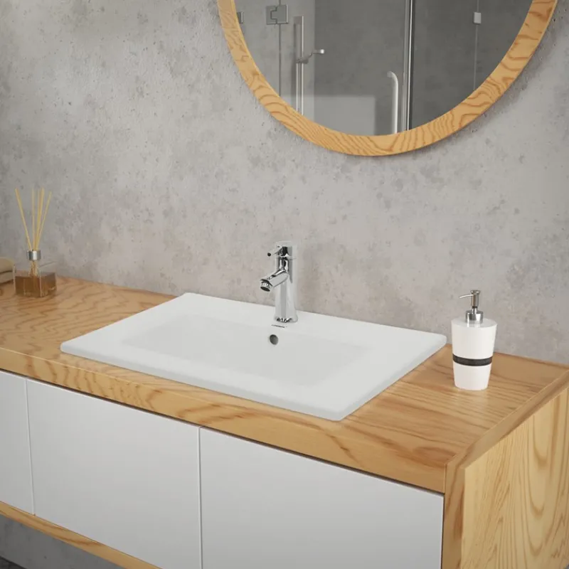 Waschbecken inkl. Ablaufgarnitur mit Überlauf 61x46,5x17,5 cm Weiß aus Keramik-ECD Germany Outlet