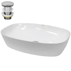 Waschbecken inkl. Ablaufgarnitur Silber ohne Überlauf 60,5x38x14 cm Weiß aus Keramik-ECD Germany Discount