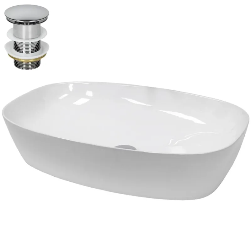 Waschbecken inkl. Ablaufgarnitur Silber ohne Überlauf 60,5x38x14 cm Weiß aus Keramik-ECD Germany Discount