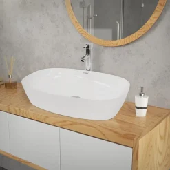 Waschbecken inkl. Ablaufgarnitur Silber ohne Überlauf 60,5x38x14 cm Weiß aus Keramik-ECD Germany Discount