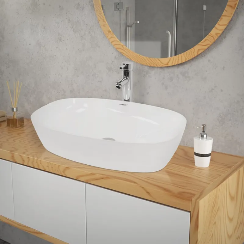 Waschbecken inkl. Ablaufgarnitur Silber ohne Überlauf 60,5x38x14 cm Weiß aus Keramik-ECD Germany Discount