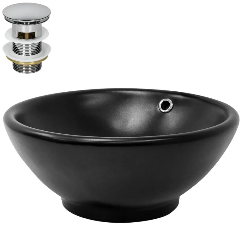 Waschbecken inkl. Ablaufgarnitur mit Überlauf Ø 42x17 cm Schwarz matt aus Keramik ML-Design-ECD Germany New