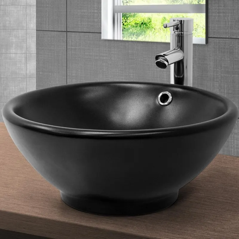 Waschbecken inkl. Ablaufgarnitur mit Überlauf Ø 42x17 cm Schwarz matt aus Keramik ML-Design-ECD Germany New