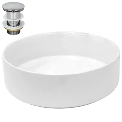 Waschbecken inkl. Ablaufgarnitur Silber ohne Überlauf Ø 35,5x12 cm Weiß aus Keramik-ECD Germany Best