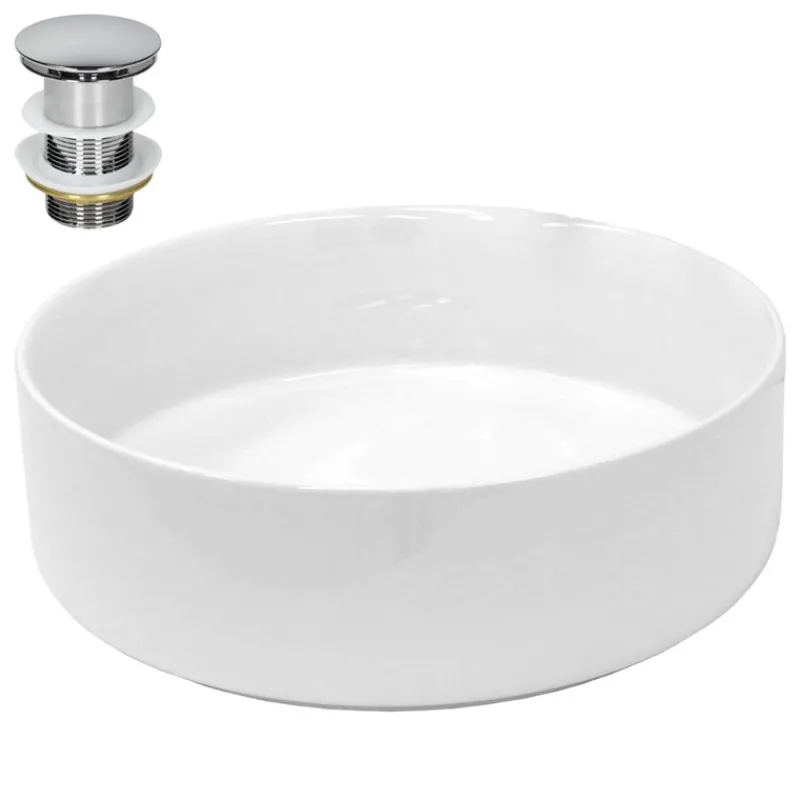 Waschbecken inkl. Ablaufgarnitur Silber ohne Überlauf Ø 35,5x12 cm Weiß aus Keramik-ECD Germany Best